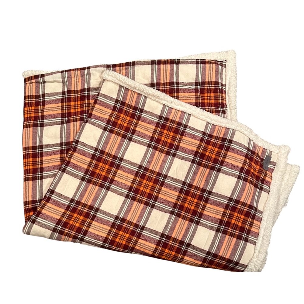 Eddie Bauer Plaid Sherpa Throw Blanket 50" X 60" Tan & Orange Cozy Reversible So